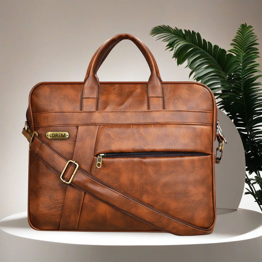 Tan Color Faux Leather 10l Office Laptop Bag For Men & Women Bg03